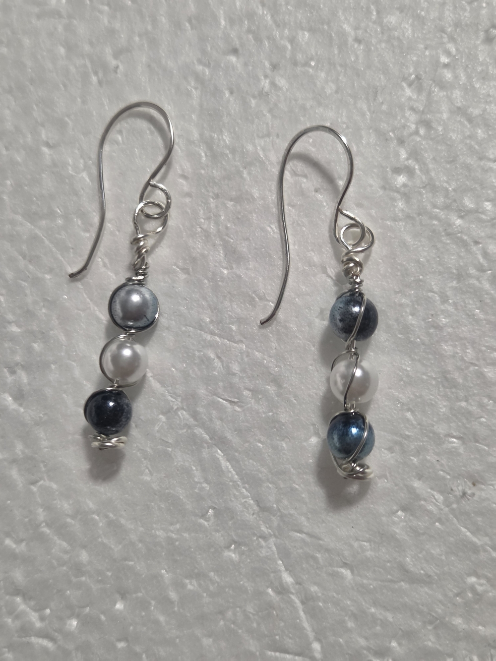 Handcrafted Elegant Blue and White Pearl Drop Earrings - Silver Wire